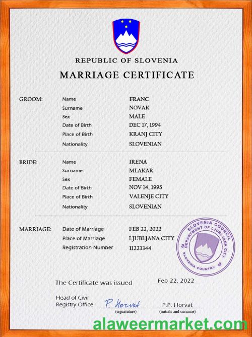 Slovenia marriage certificate PSD template